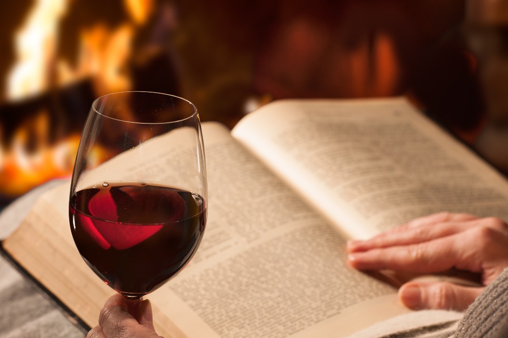 Reading a novel with a glass of wine by the fire