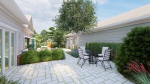 Outdoor patio at Lakewood's Woodside Cottages