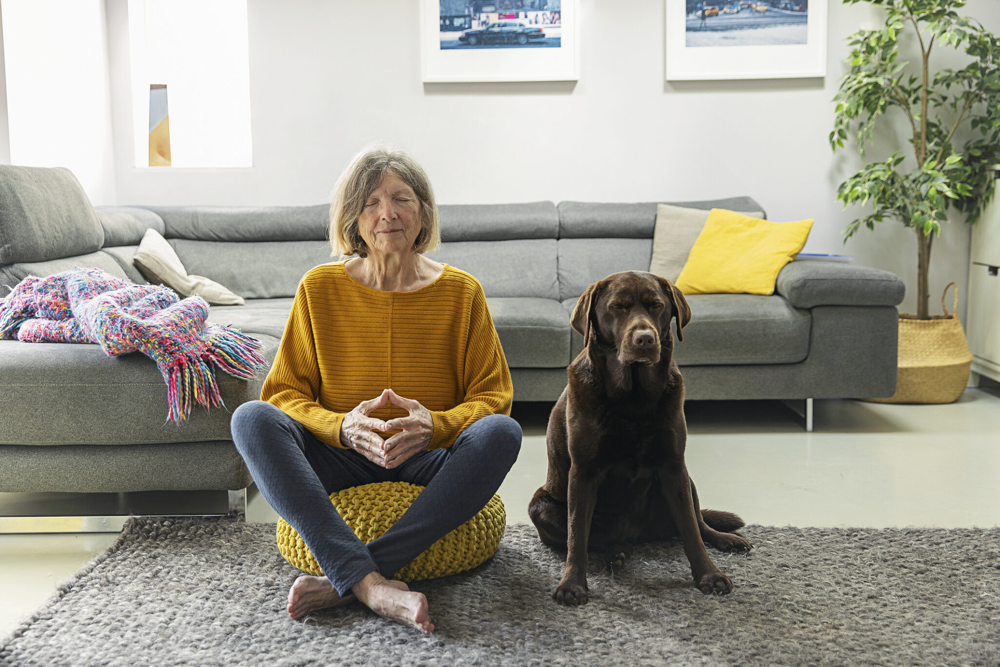 A woman and her dog meditating on a rug in front of a couch